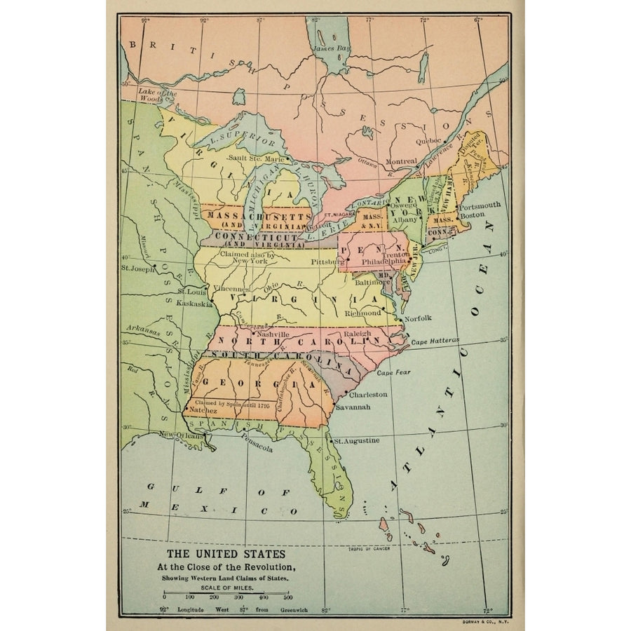 Map Of Eastern North America In 1783. Some Eastern States Boundaries Extend From The Atlantic Ocean To The Mississippi Image 1