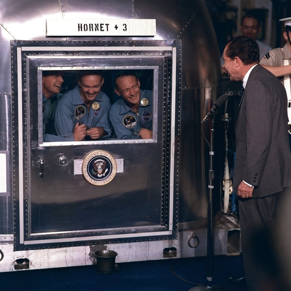 President Nixon Personally Welcomes The Apollo 11 Astronauts Then In Mobile Quarantine Facility Aboard The Uss Hornet Image 1