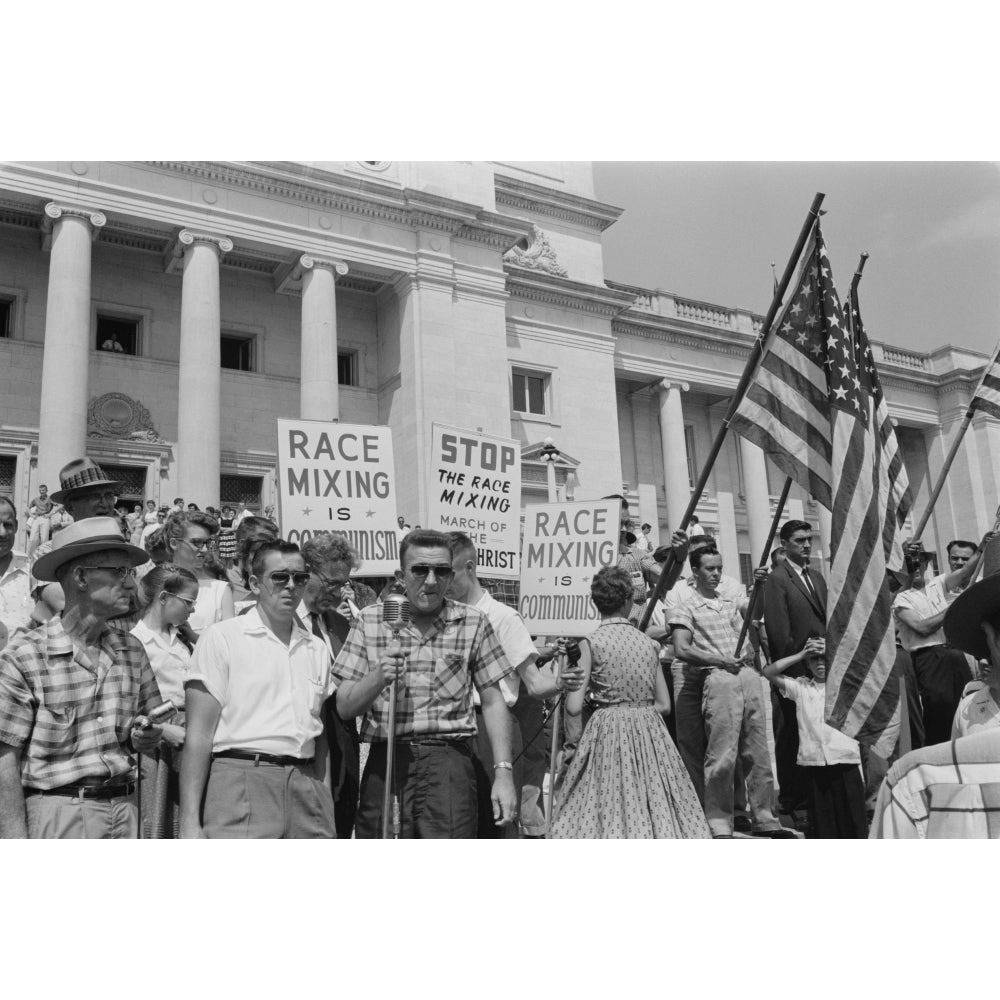 Segregationist Rally In Little Rock. Whites Holding Signs Protesting Against Communist Race-Mixing On The Steps Of The Image 2