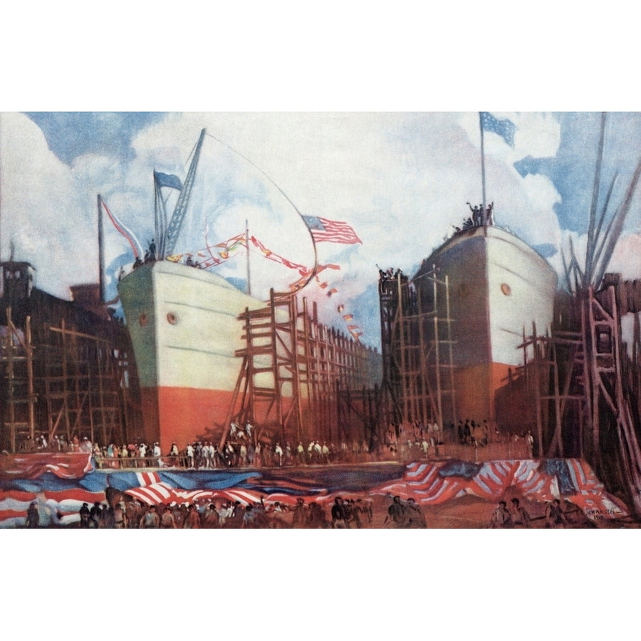 Merchant Marine Ships Under Construction At The End Of Ww1. 1919. Painting By John C. Johnson. History Image 1