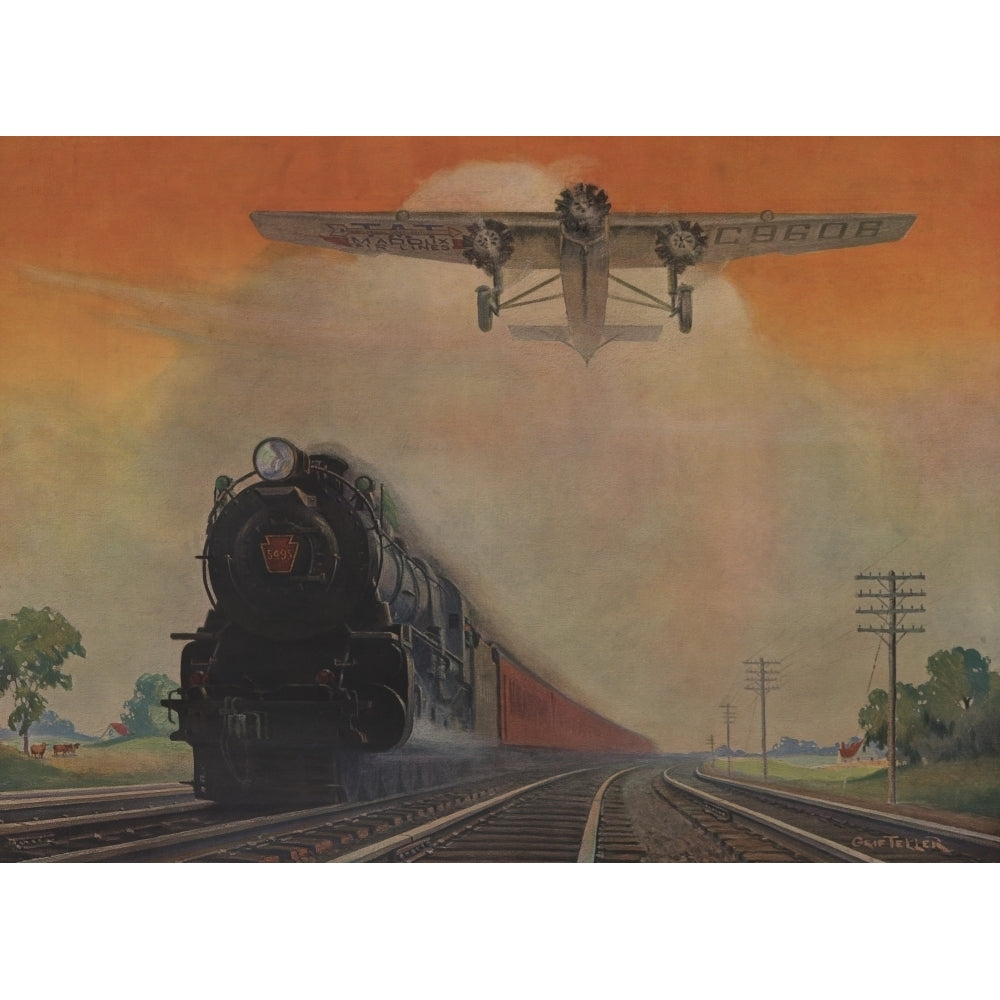 Steam Powered Locomotive And Ford Tri-Motor Airplane Speeding Through In Rural Landscape. Poster For Pennsylvania Image 2