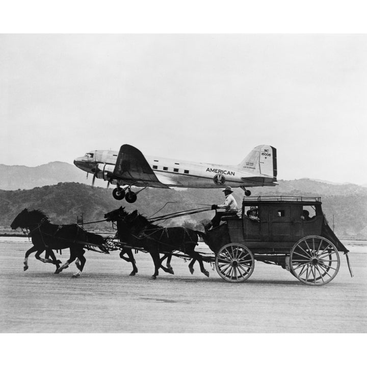 American Airlines Dc-3 Flying Past Horse Drawn Stagecoach. The Photo Was Featured In An American Airlines Magazine Image 1