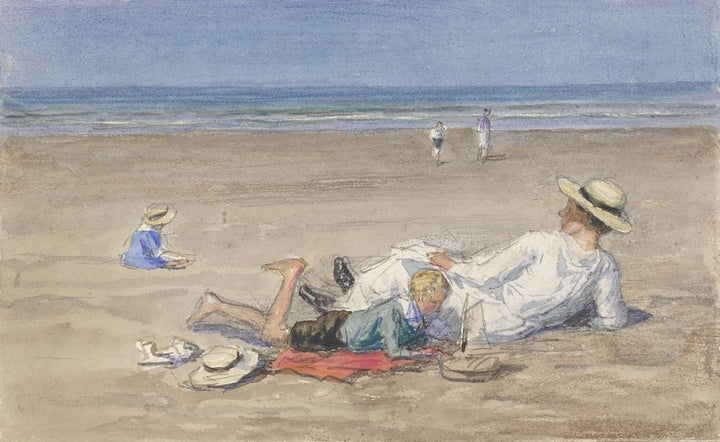 Resting Nanny With Two Children On The Beach Poster Print Image 1