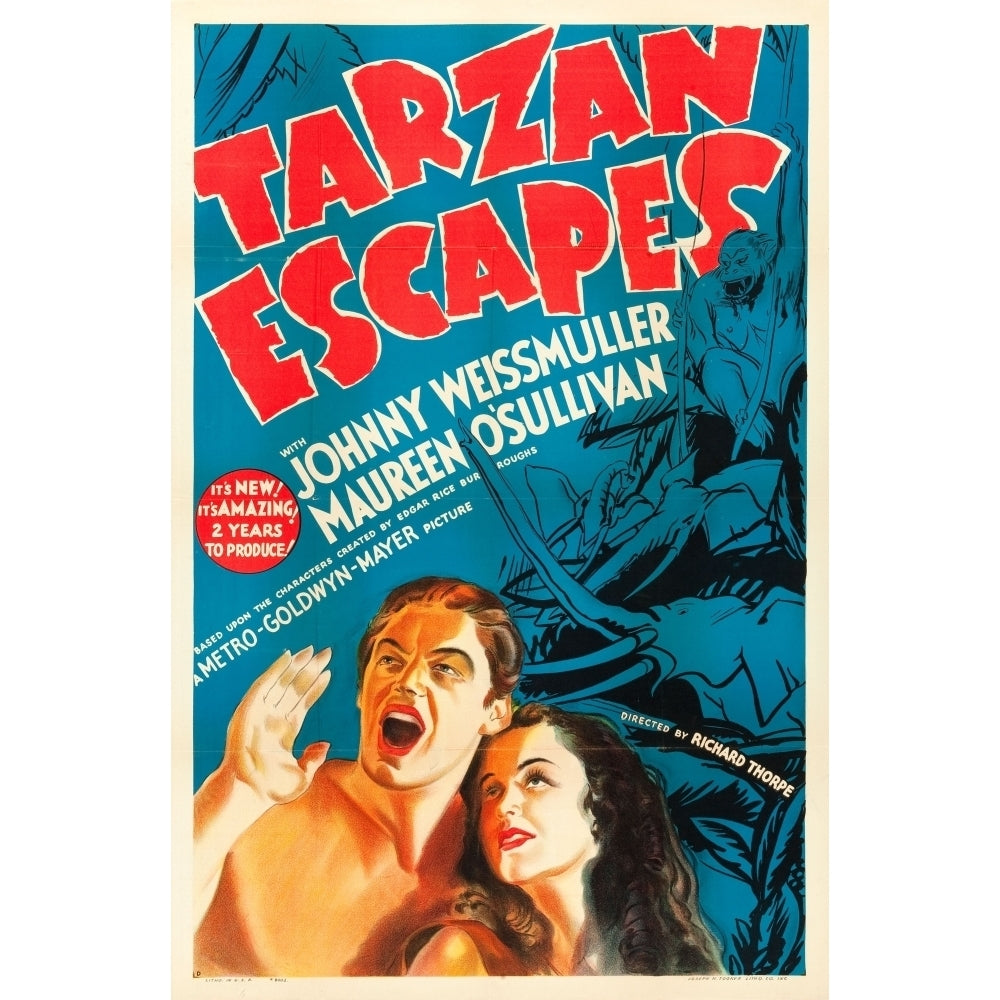 Tarzan Escapes From Left: Johnny Weissmuller Maureen OSullivan Poster Art 1936. Movie Poster Masterprint Image 2