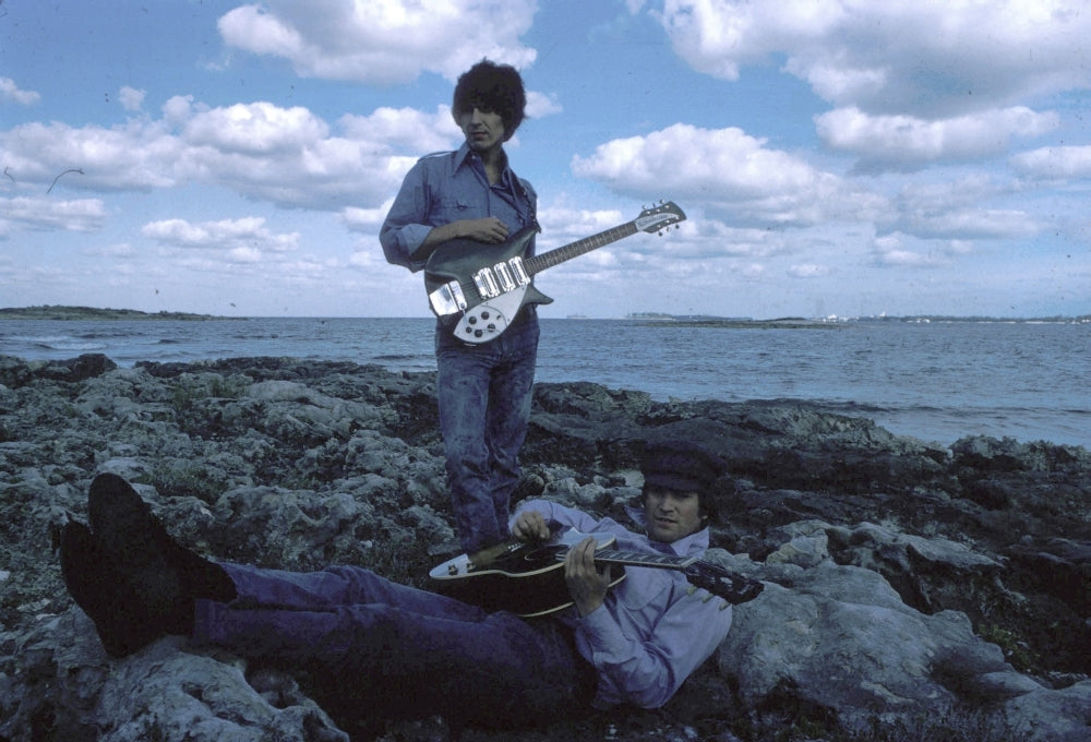 John Lennon and George Harrison at a beach Photo Print Image 1