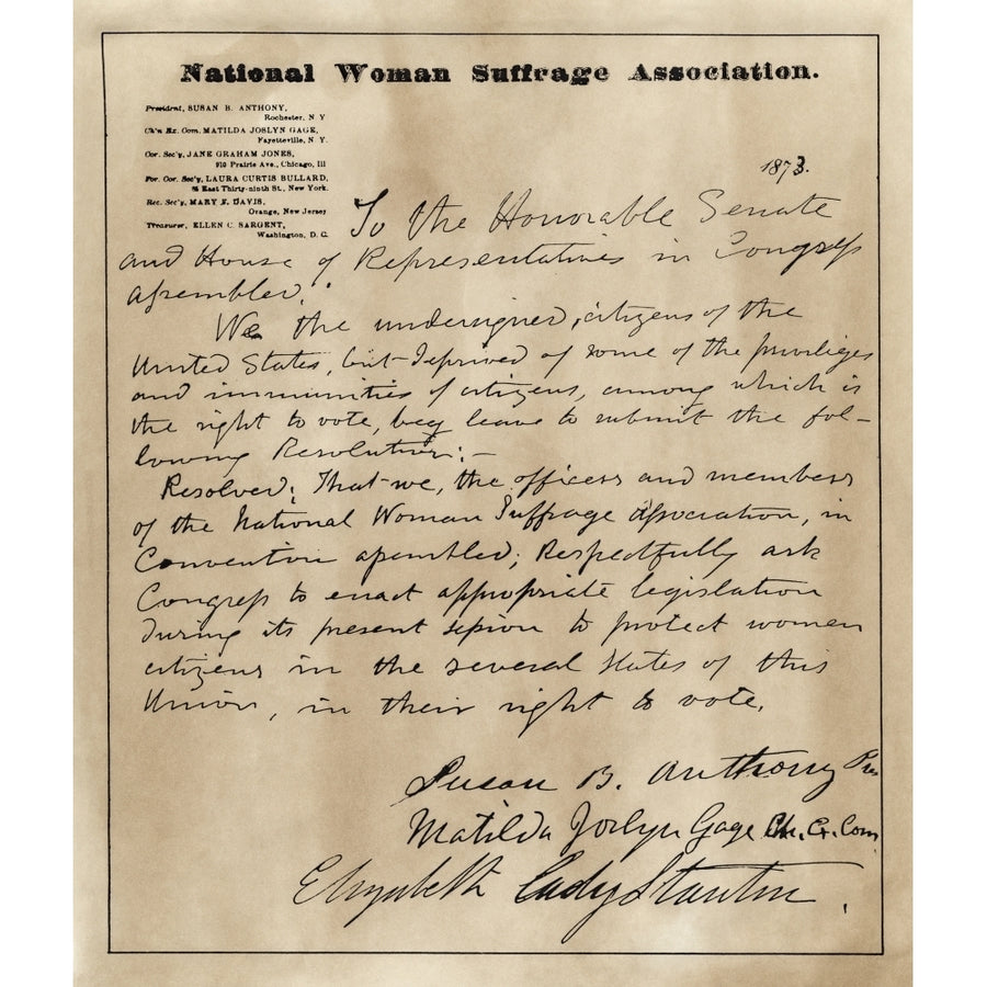 WomenS Rights Petition. Npetition Signed By Susan B. Anthony And Elizabeth Cady Stanton Of The National WomenS Image 1