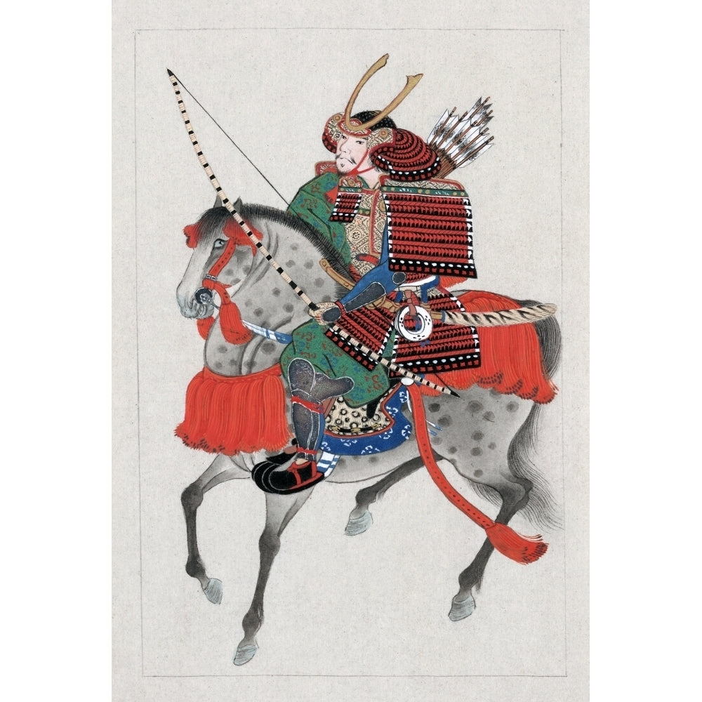 Japan Samurai C1878.Na Samurai On Horseback Wearing Armor And A Horned Helmet And Carrying A Bow And Arrows. Ink Image 1