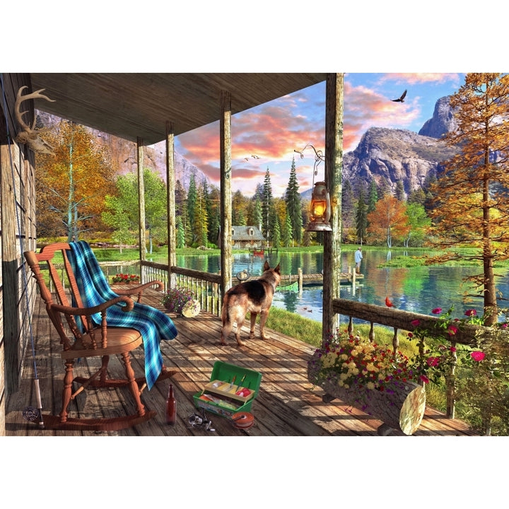 A view of the lake and mountains from a cabin veranda. Poster Print by Dominic Davidson Image 1