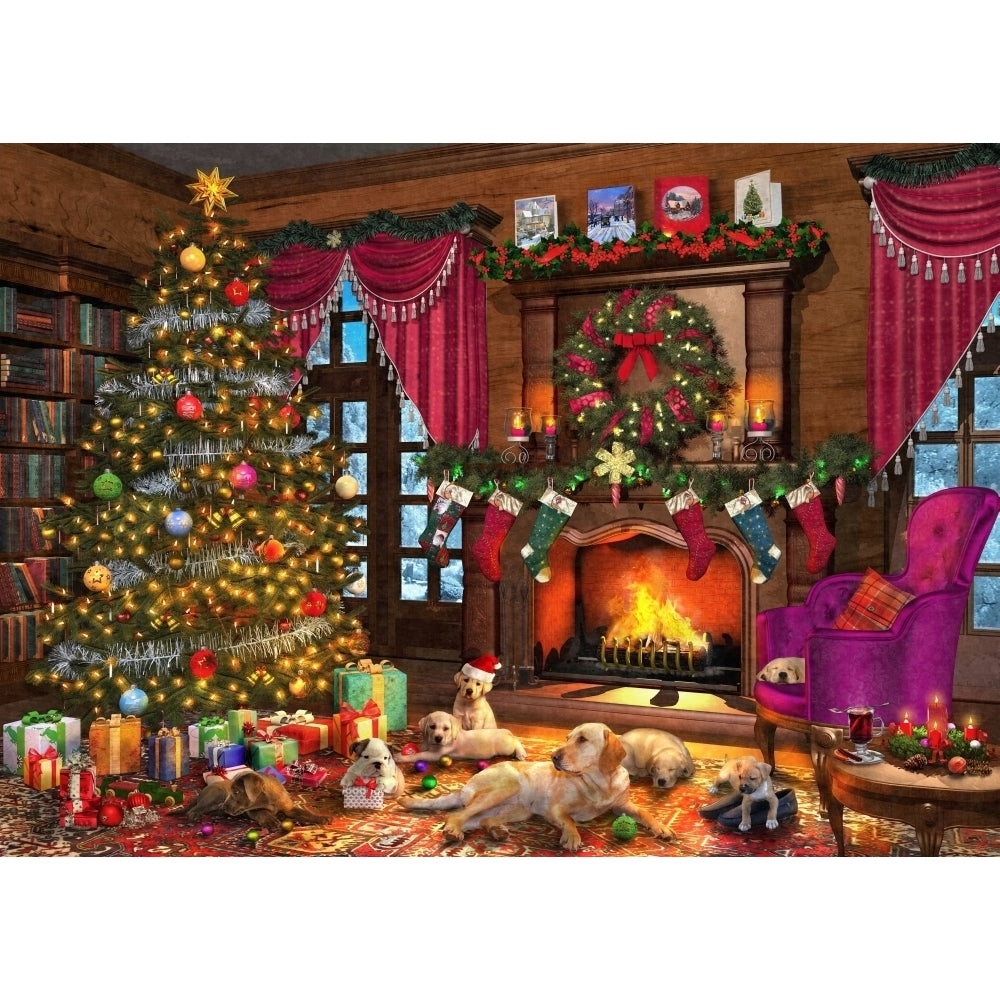 A Christmas fireplace surrounded by puppies. Poster Print by Dominic Davidson Image 1