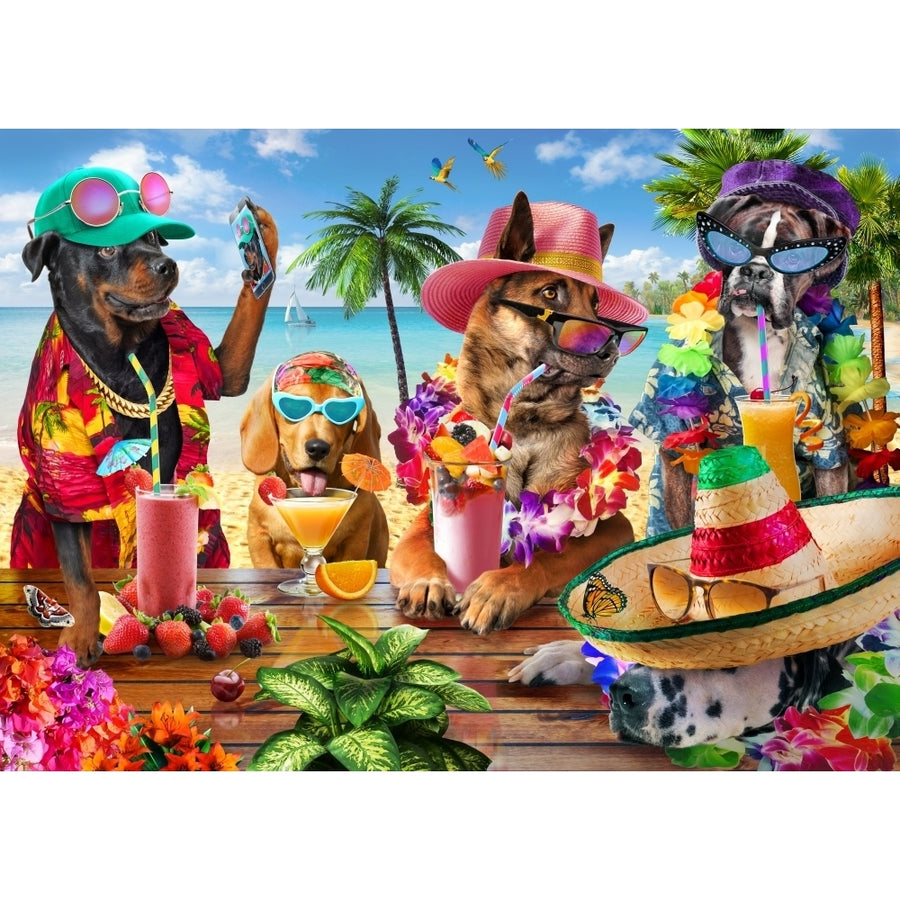 Dogs Drinking Smoothies on a Tropical Beach Poster Print by Adrian Chesterman Image 1