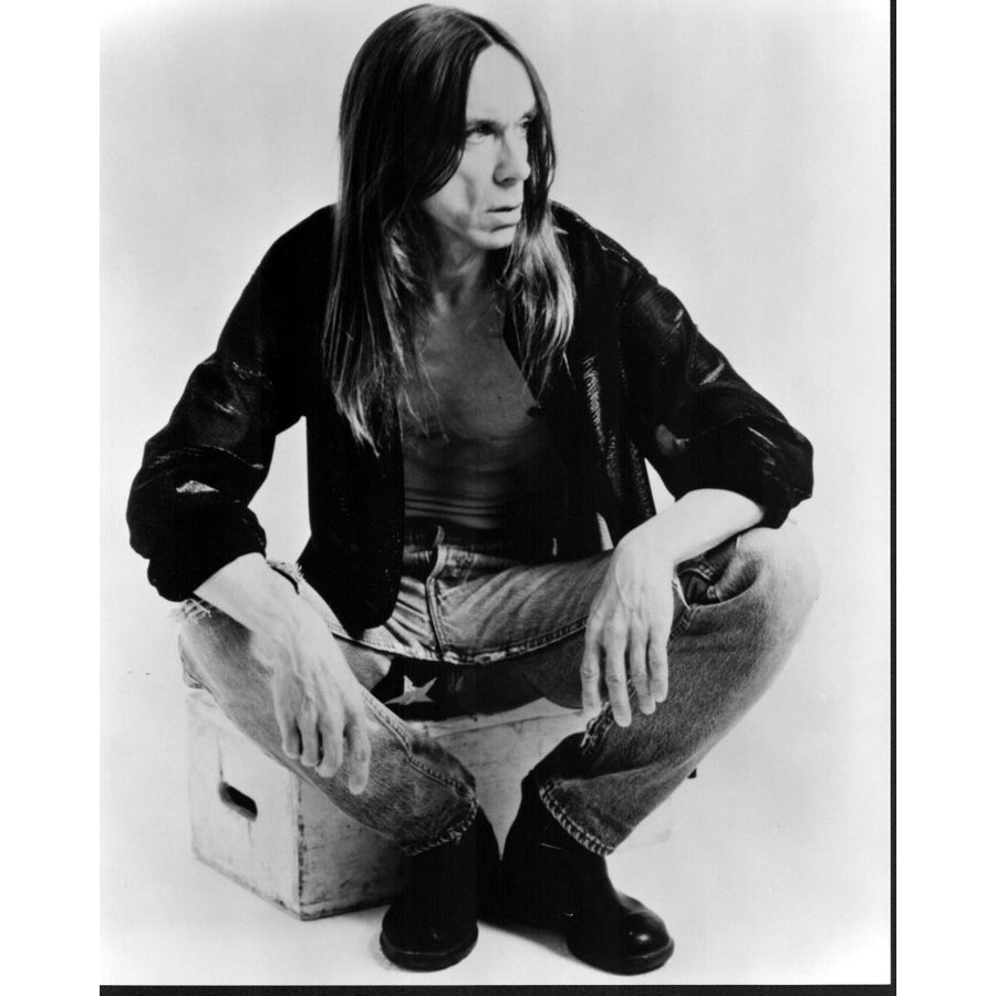 Iggy Pop Crouched In Leather Jacket Ad Jeans Black And White Photo Print - Item MVM03439 Image 1