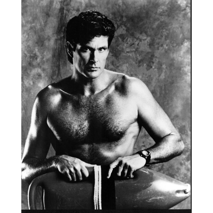 David Hasselhoff Shirtless With Lifeguard Float For Baywatch Black And White Photo Print - Item MVM04182 Image 1