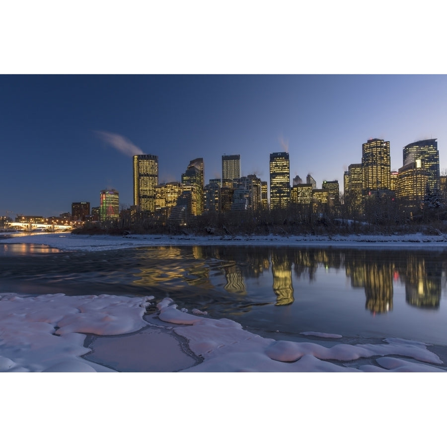 Winter city skyline reflects in the Bow River in Calgary Alberta Canada Poster Print by Chuck Haney Image 1