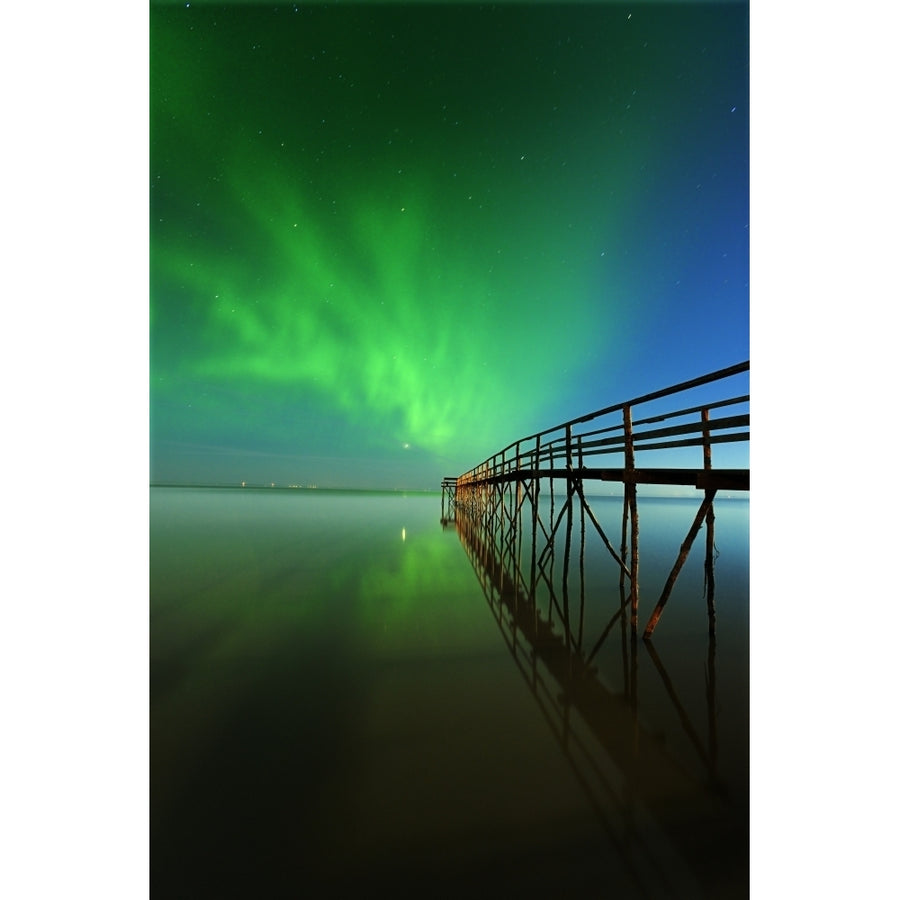 Canada Manitoba Winnipeg. Northern Lights reflected in Lake Winnipeg. Poster Print by Jaynes Gallery Image 1