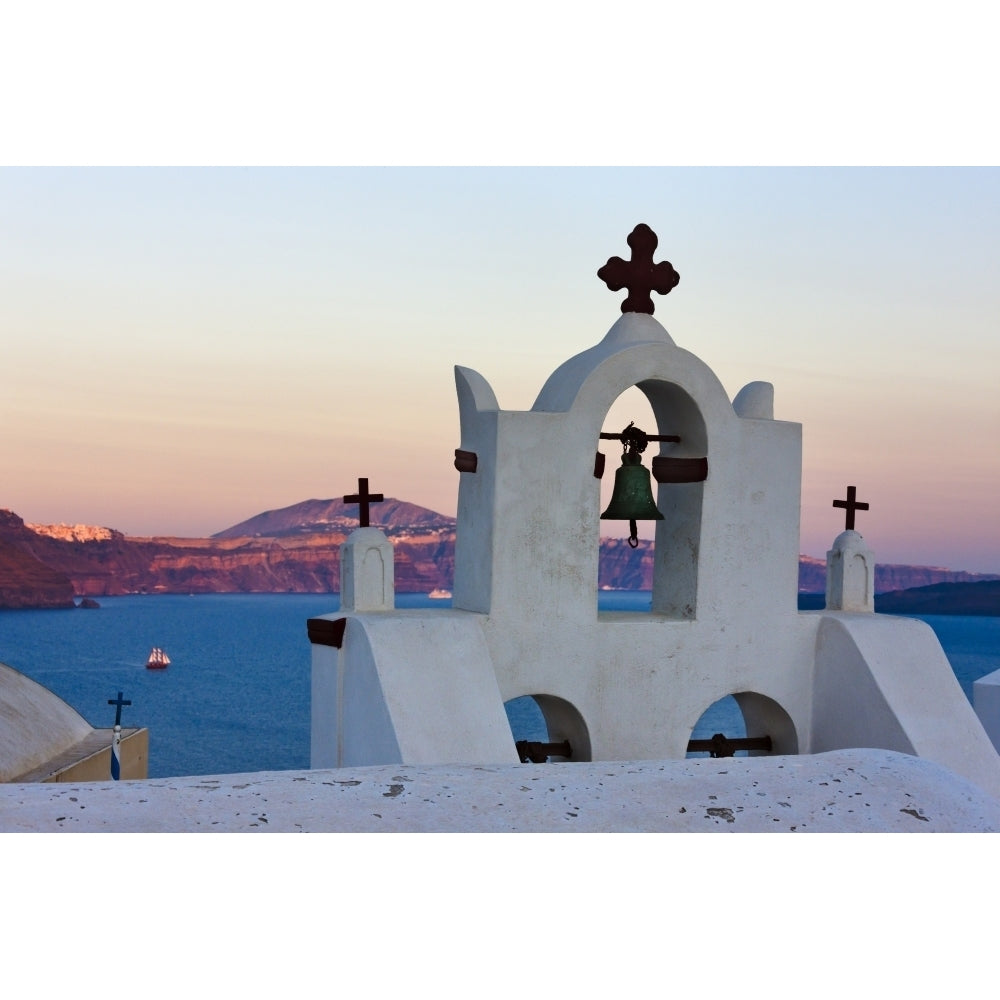 Church bell tower on the coast of Aegean Sea. Oia Santorini Island Greece. Poster Print by Keren Su Image 1