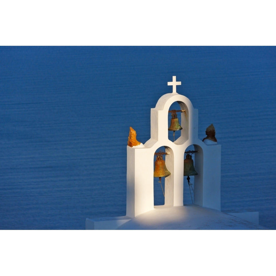 Church bell tower on the coast of Aegean Sea. Oia Santorini Island Greece Poster Print by Keren Su Image 1