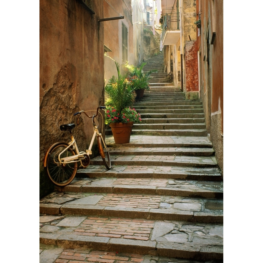 Italy Cinque Terre Monterosso. Bicycle and uphill stairway. Poster Print by Jaynes Gallery Image 1