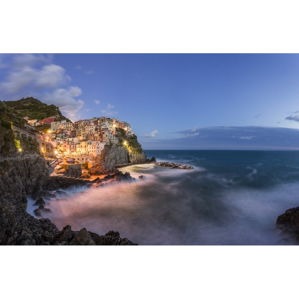 Italy Cinque Terre Manarola. Hilltop town and stormy ocean at sunset. Poster Print by Jaynes Gallery Image 1