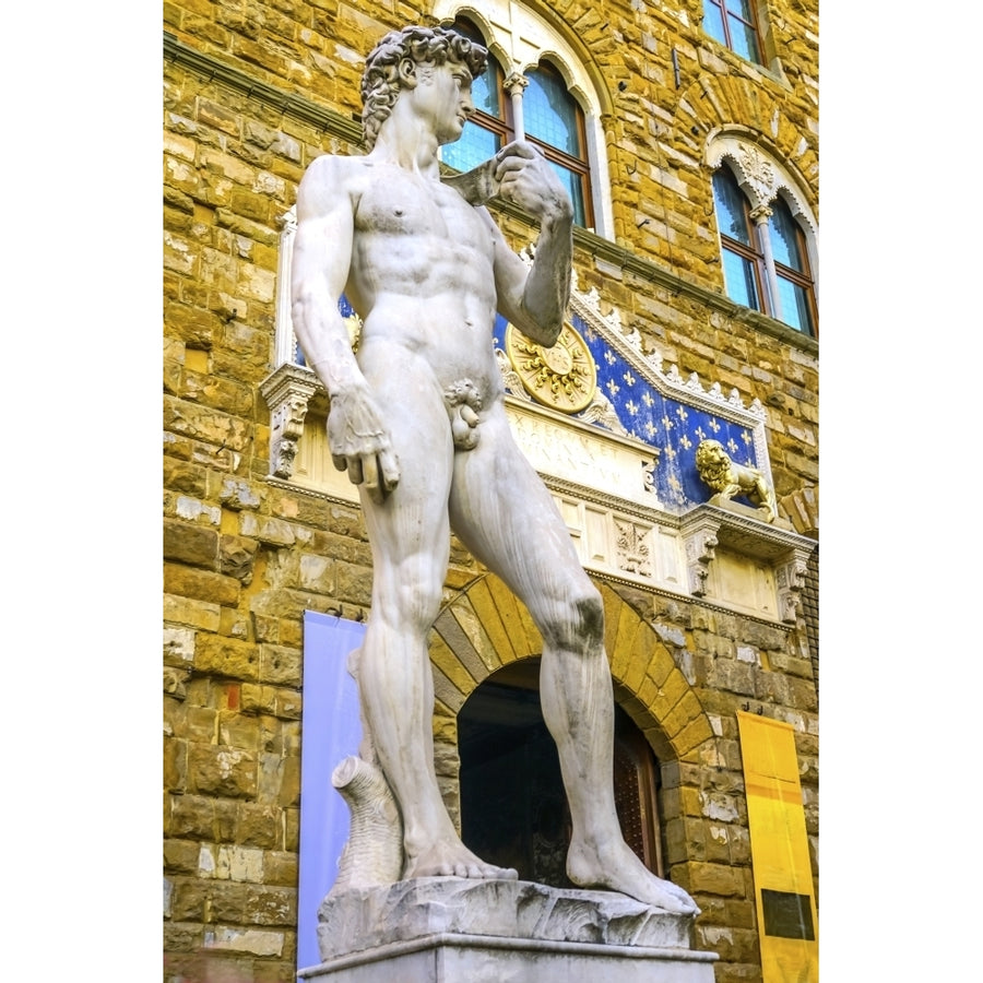 Michelangelos David replica statue Piazza della Signoria Palazzo Vecchio Florence Tuscany Poster Print by William Perry Image 1