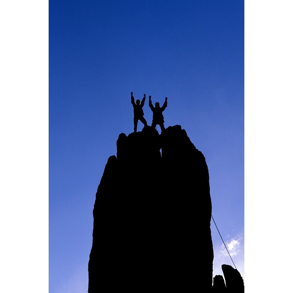 Silhouetted climbers celebrating on the summit of Eichorn Pinnacle Yosemite NP California Poster Print by Russ Bishop Image 1