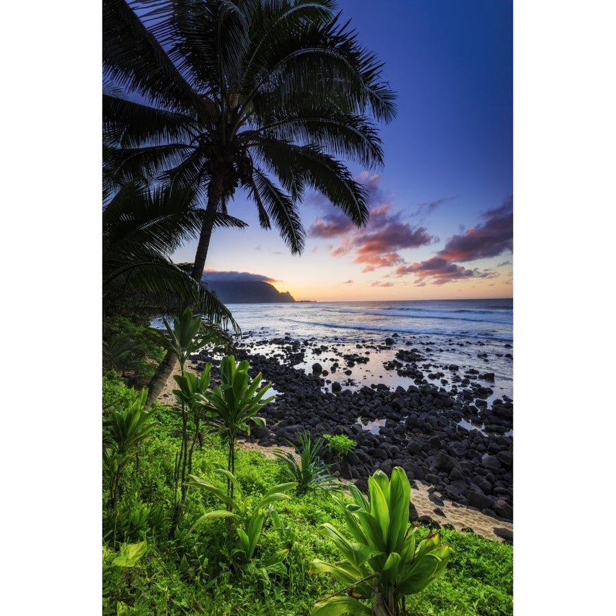 Sunset over the Na Pali Coast from Hideaways Beach Princeville Kauai Hawaii USA. Poster Print by Russ Bishop Image 1