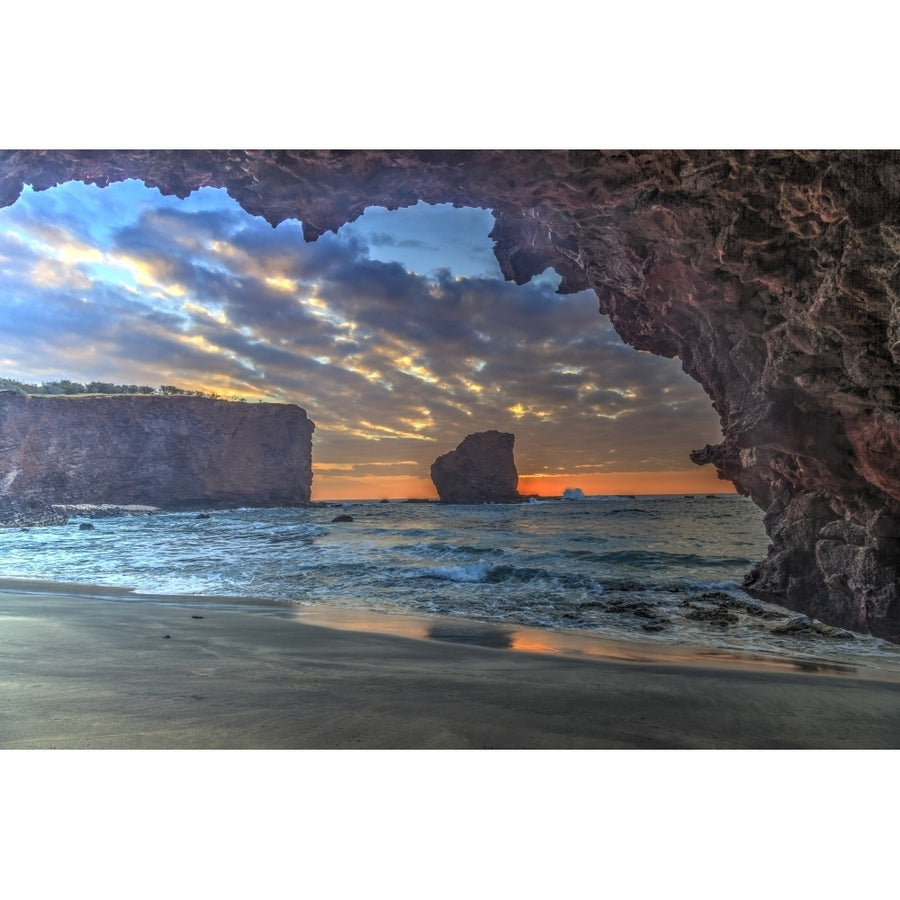 View from beach at Manele Bay of Puu Pehe at sunrise South Shore of Lanai Island Hawaii Poster Print by Stuart Image 1