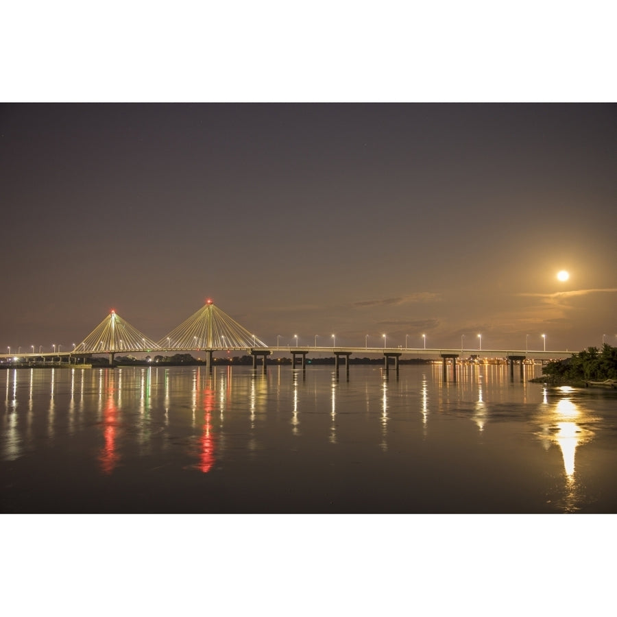 Clark Bridge at night over Mississippi River and full moon Alton Illinois Poster Print by Richard and Susan Day Image 1