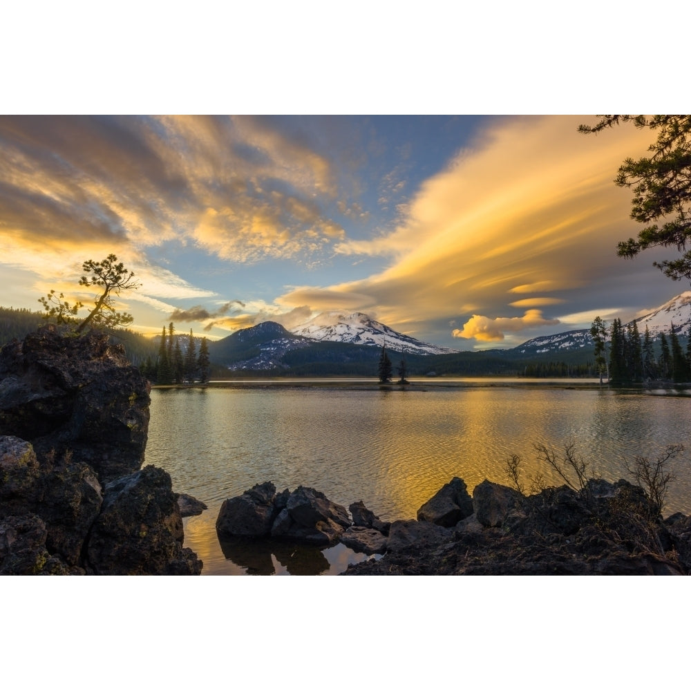 Sunset colors reflect off Diamond Lake from the lenticular clouds Poster Print by Sheila Haddad Image 1