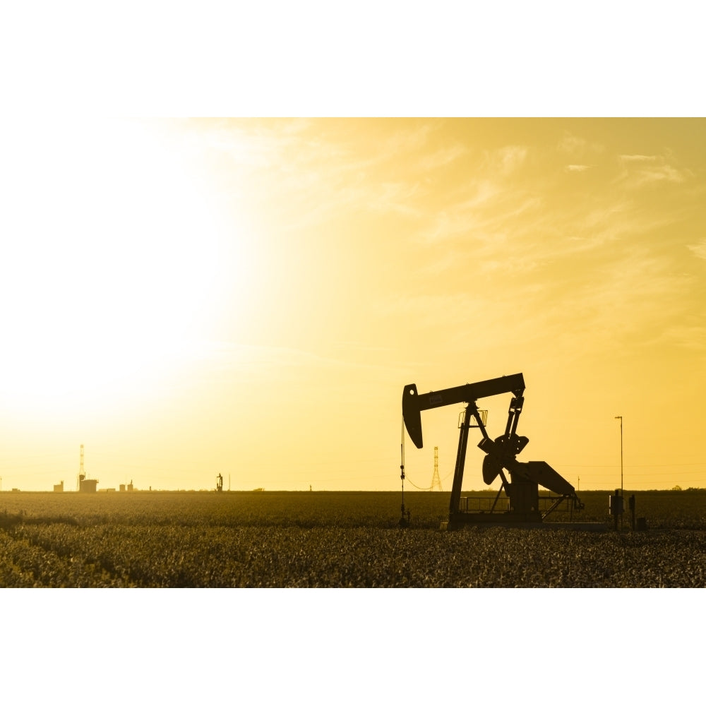 USA Texas. Martin County Pumpjack on cotton field at sunset Poster Print by Alison Jones Image 1