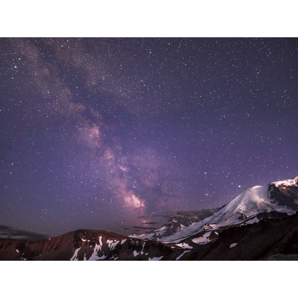 WA. Night shot of Milky Way and stars over Mt. Rainier Poster Print by Gary Luhm Image 1