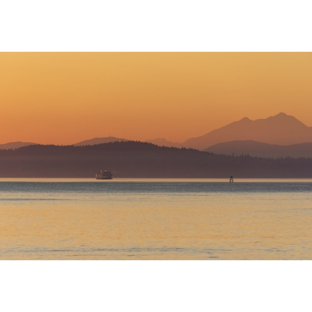 USA Washington State Ferry in evening light. Calm Puget Sound. Poster Print by Trish Drury Image 1