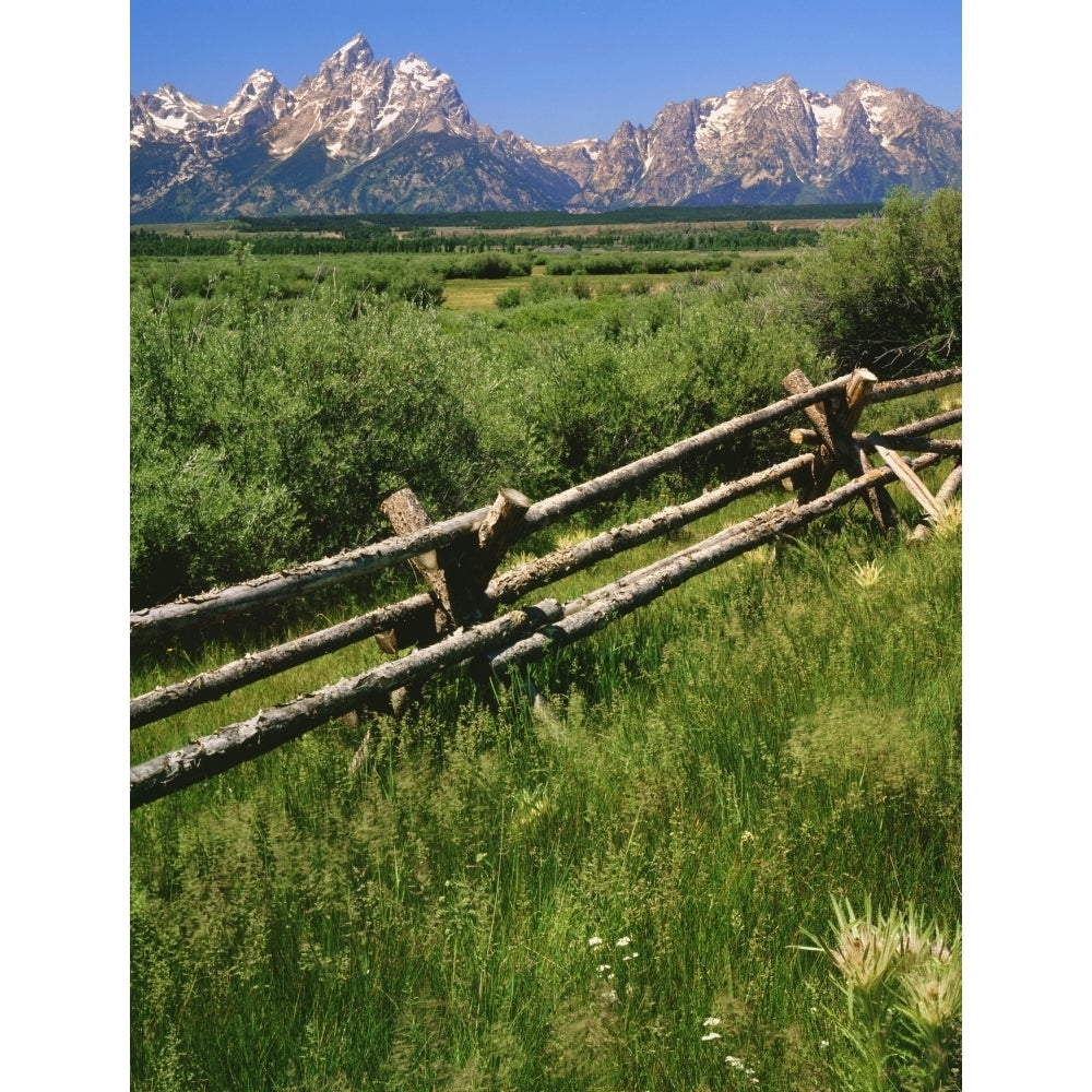 USA Wyoming Grand Teton National Park. Split-rail fence and mountain landscape. Poster Print by Jaynes Gallery Image 1