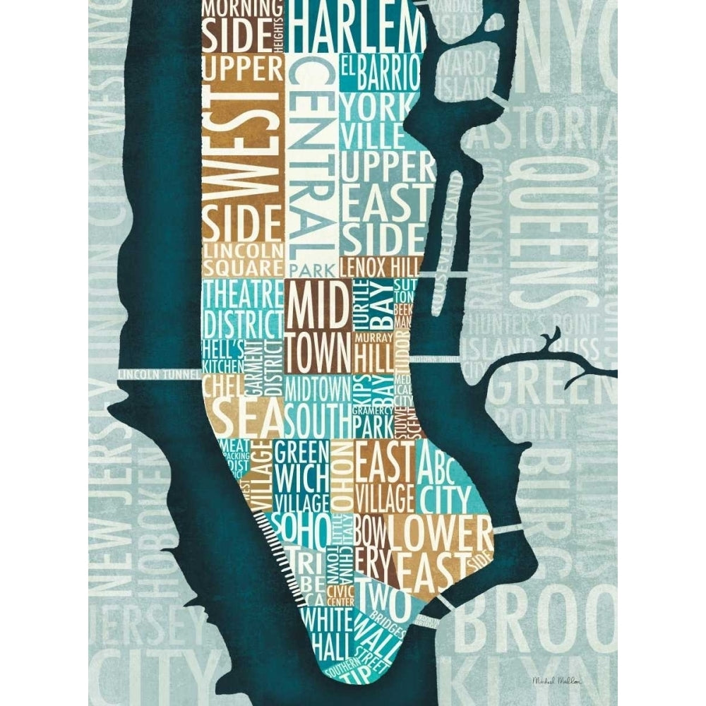 Manhattan Map Blue Brown Poster Print by Michael Mullan Image 1