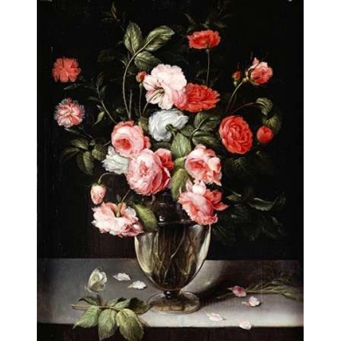 Roses and Carnations In a Glass Vase On a Stone Ledge Poster Print by Ambrosius Brueghel Image 2