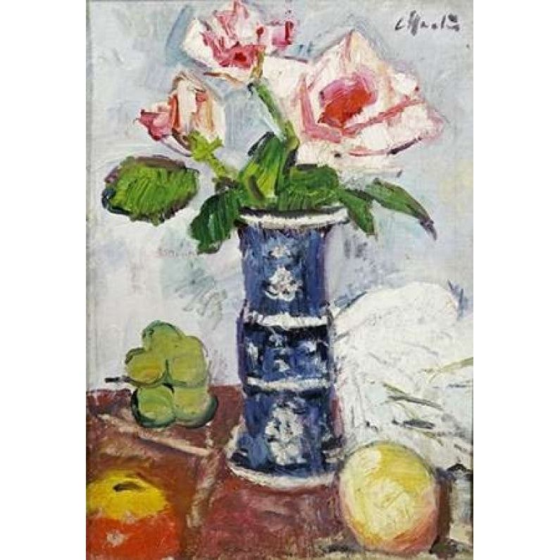 Pink Roses In a Chinese Blue and White Gu-Shaped Vase Poster Print by George Leslie Hunter Image 1