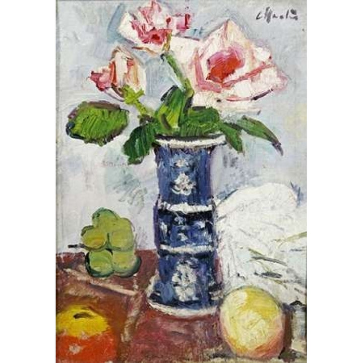 Pink Roses In a Chinese Blue and White Gu-Shaped Vase Poster Print by George Leslie Hunter Image 1