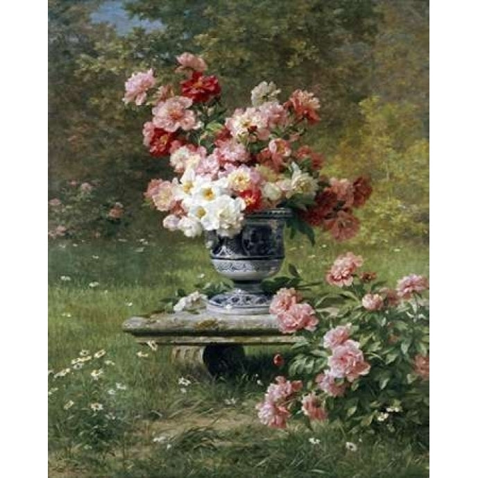 Peonies In An Urn In a Garden Poster Print by Louis Marie Lemaire Image 1