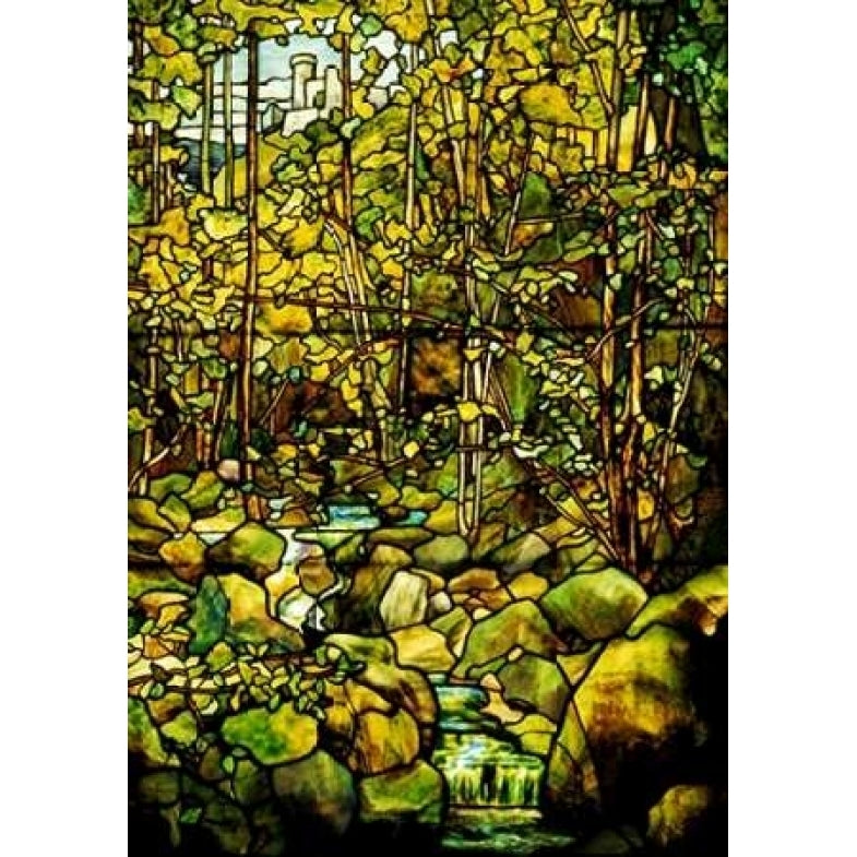 A Leaded Glass Window of a Woodland Scene Poster Print by Tiffany Studios Image 1