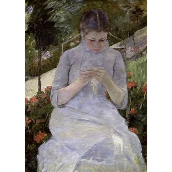 Young Woman Sewing in the Garden Poster Print by Mary Cassatt Image 1