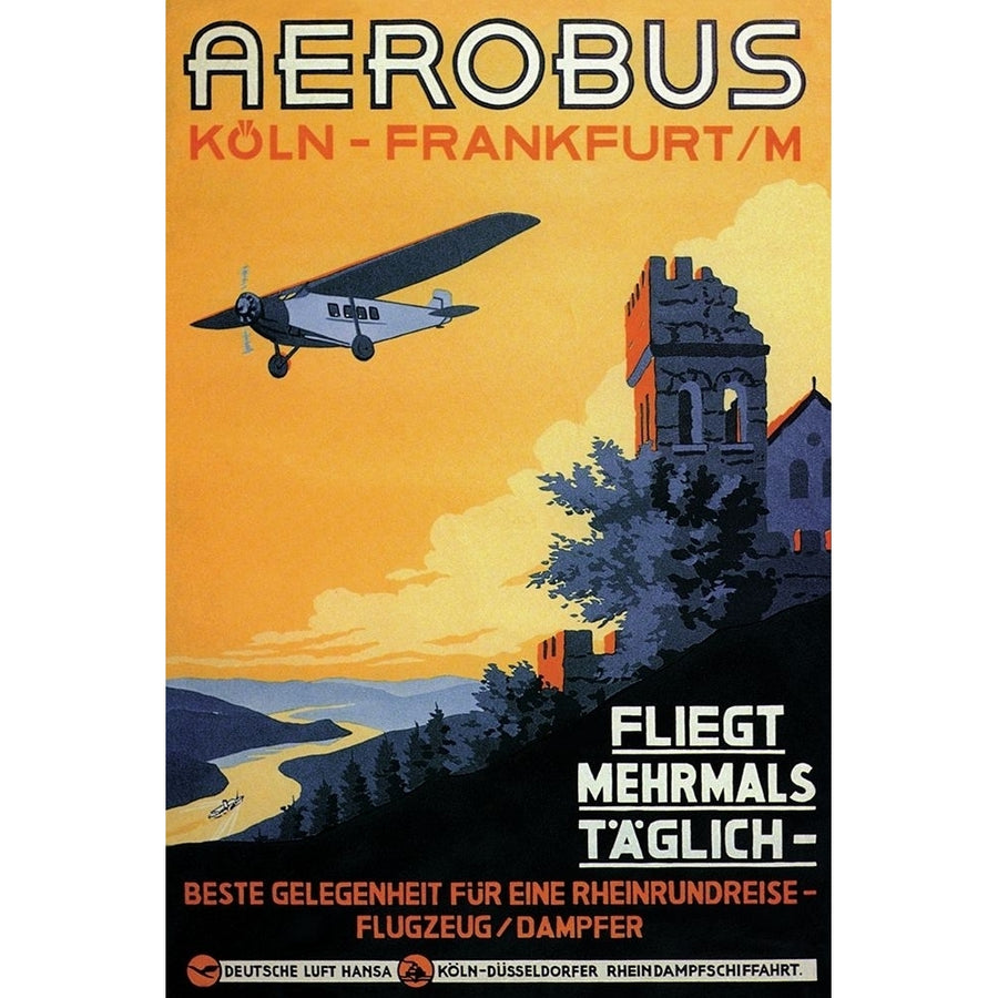 Cologne Frankfurt Aerobus and Rhine Castle Poster Print by K. Siegwardt Image 1