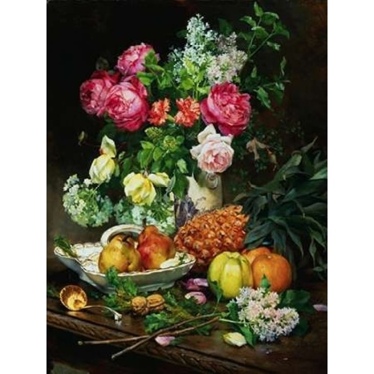 Painting of Roses in a Vase Pears in a Porcelain Bowl Poster Print by Anonymous Image 1