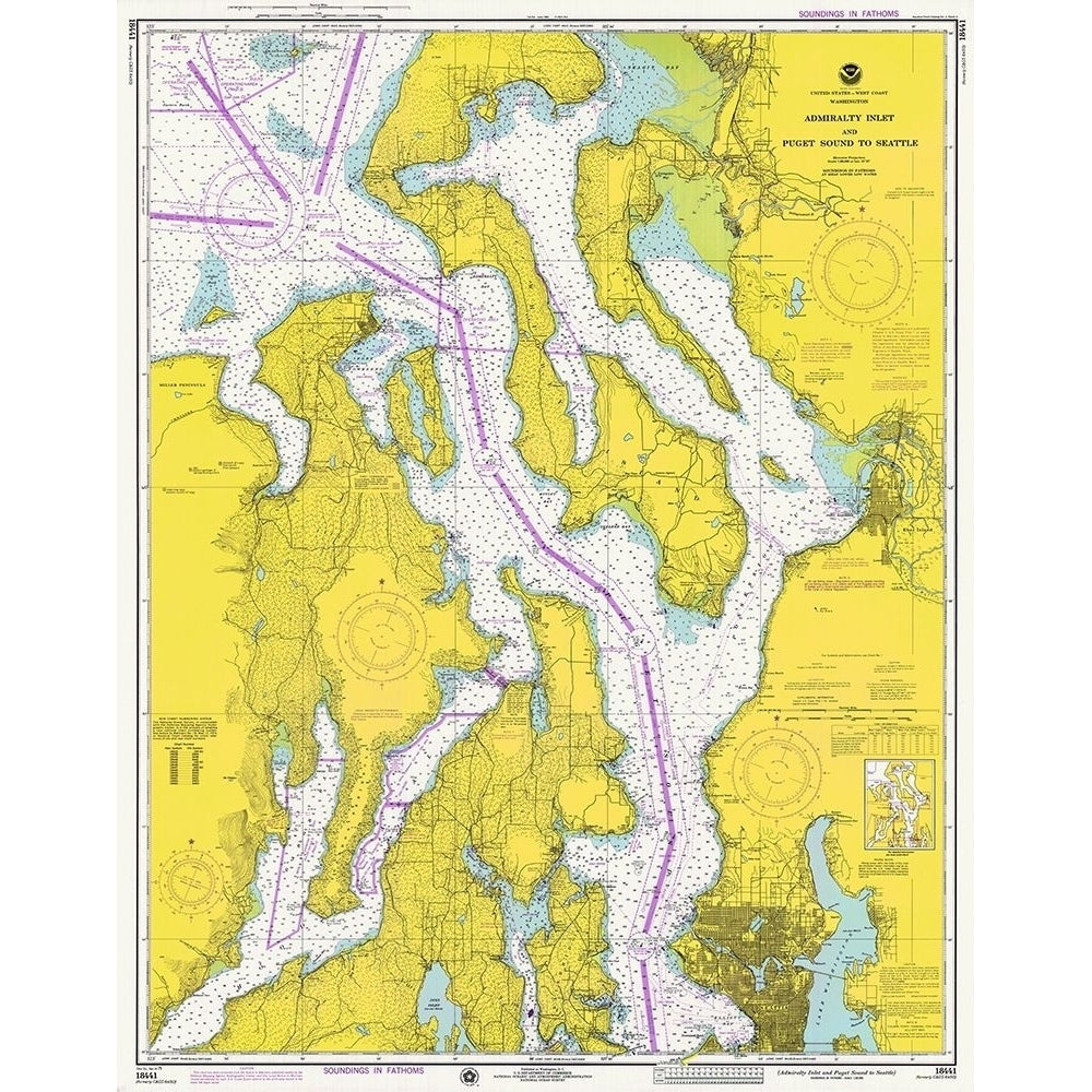 Nautical Chart - Admiralty Inlet and Puget Sound to Seattle ca. 1975 Poster Print by NOAA Historical Map and Chart Image 1