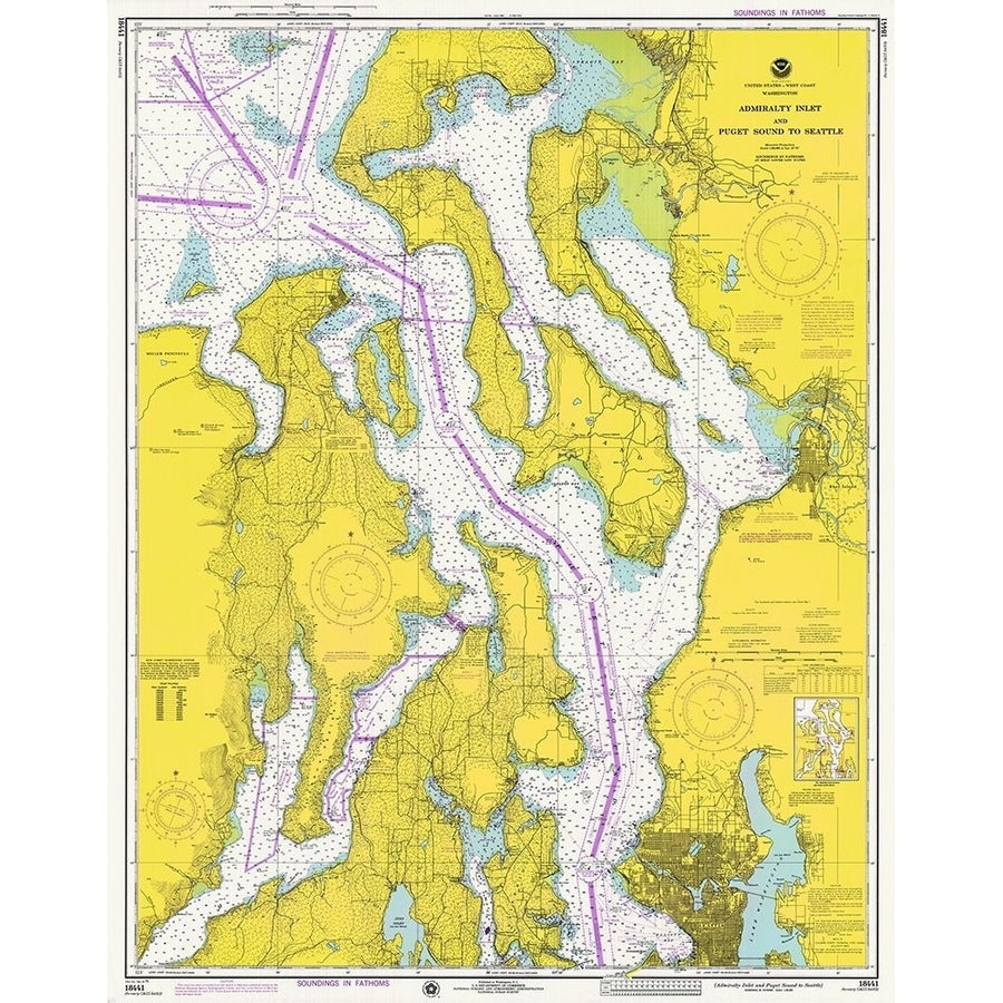 Nautical Chart - Admiralty Inlet and Puget Sound to Seattle ca. 1975 Poster Print by NOAA Historical Map and Chart Image 1