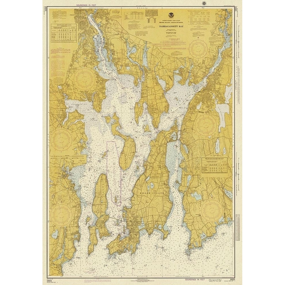 Nautical Chart - Narragansett Bay ca. 1975 - Sepia Tinted Poster Print by NOAA Historical Map and Chart Collection NOAA Image 1