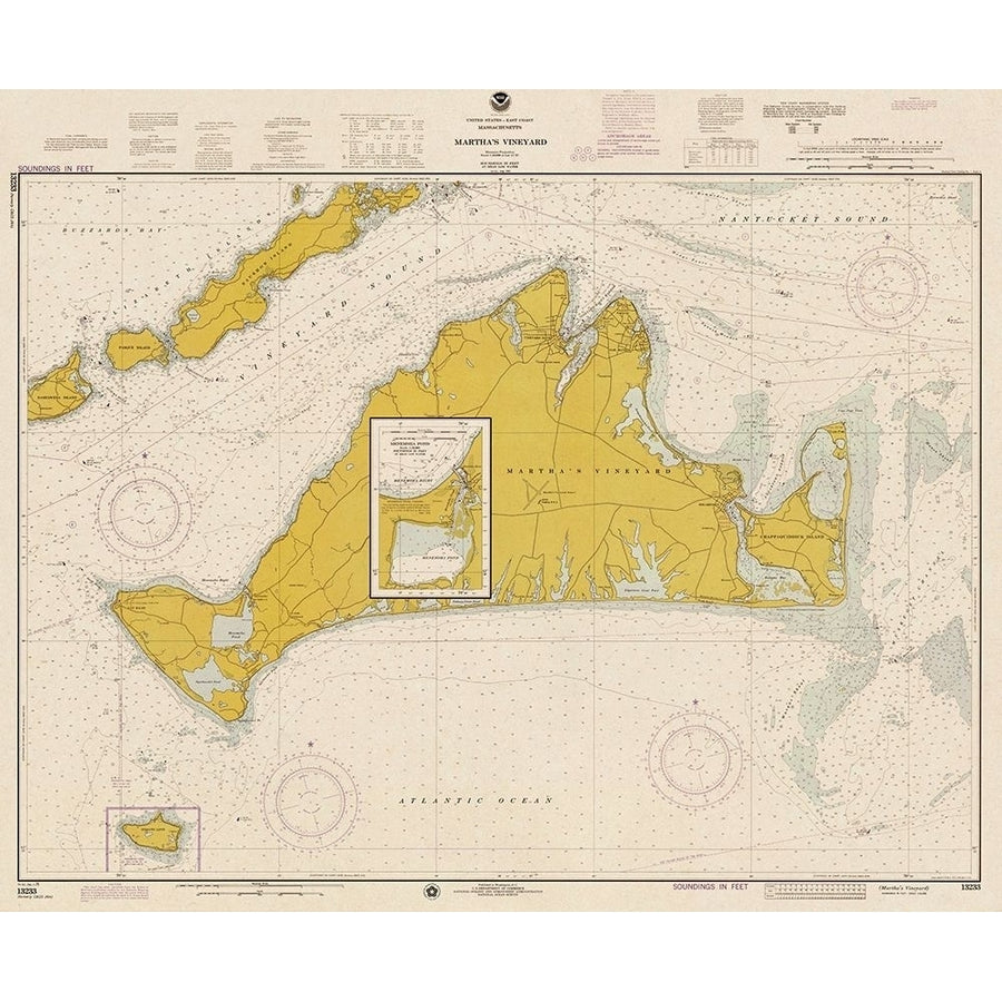 Nautical Chart - Marthas Vineyard ca. 1975 - Sepia Tinted Poster Print by NOAA Historical Map and Chart Collection NOAA Image 1