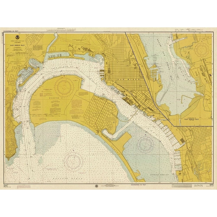 Nautical Chart - San Diego Bay ca. 1974 - Sepia Tinted Poster Print by NOAA Historical Map and Chart Collection NOAA Image 1