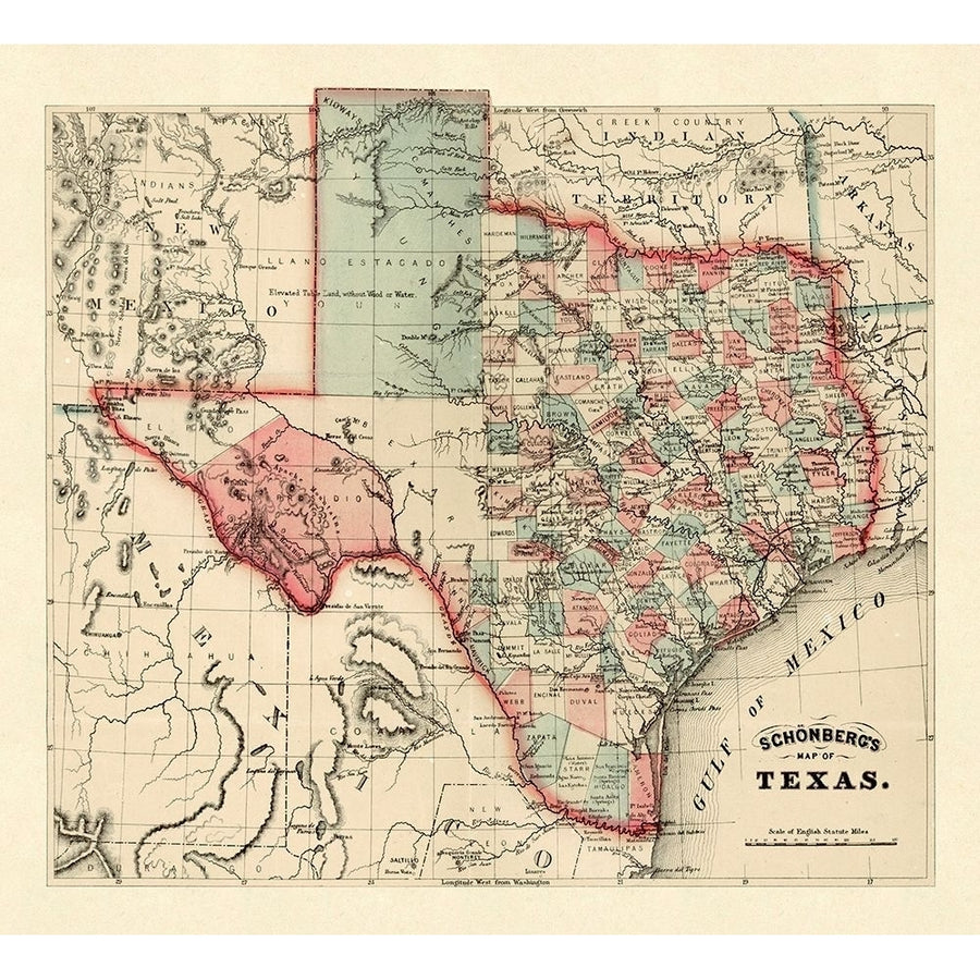 Schonbergs map of Texas 1866 Poster Print by Schonberg and Co. Image 1