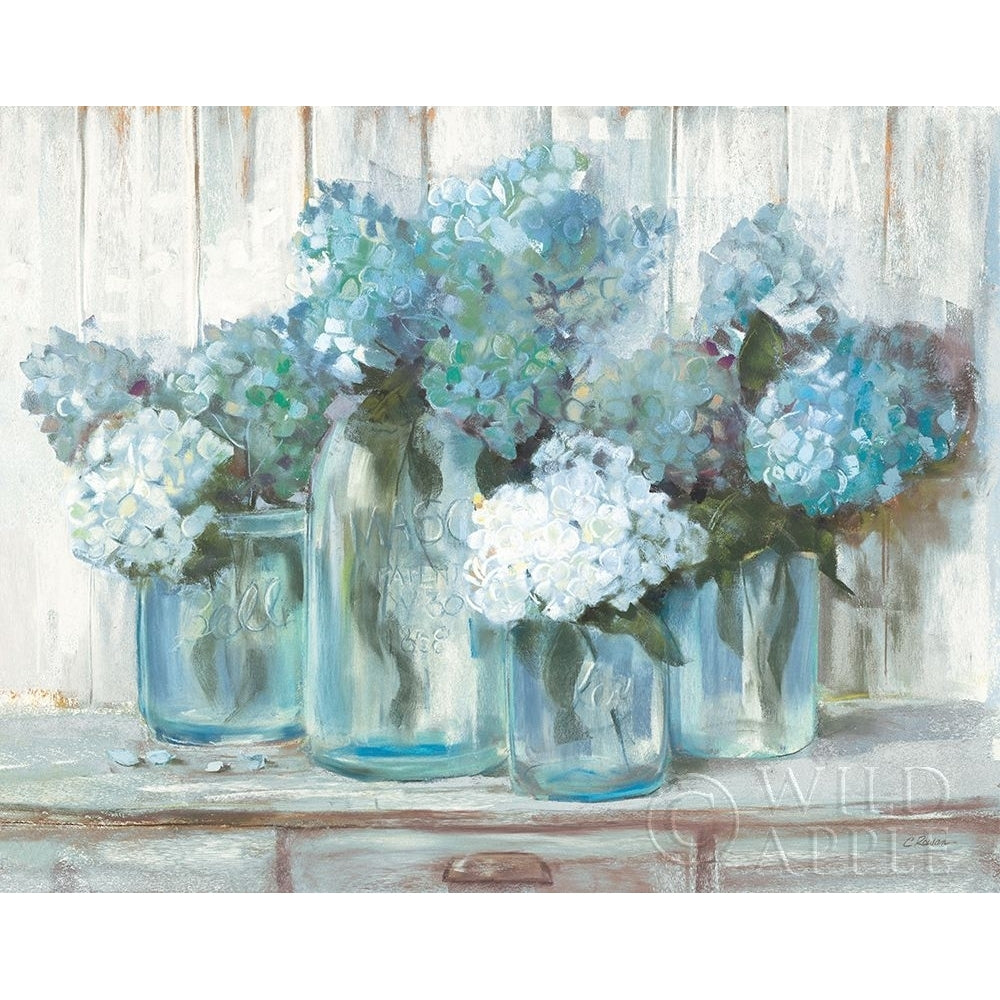 Hydrangeas in Glass Jars Blue Poster Print by Carol Rowan Image 1