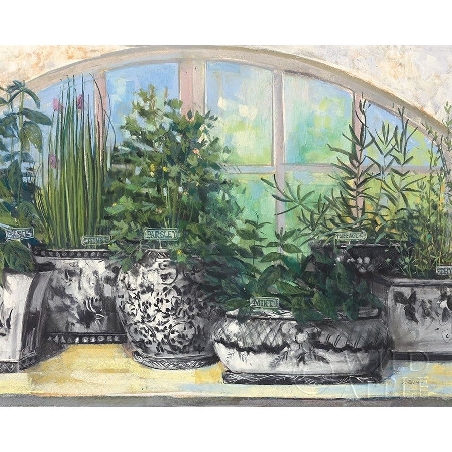 Windowsill Herbs BW Vases Crop Poster Print by Carol Rowan Image 1