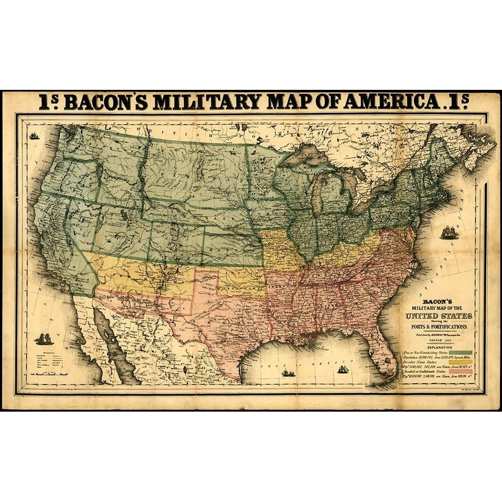 Bacons military map of the United States showing the forts and fortifications 1862 by Vintage Maps Image 1